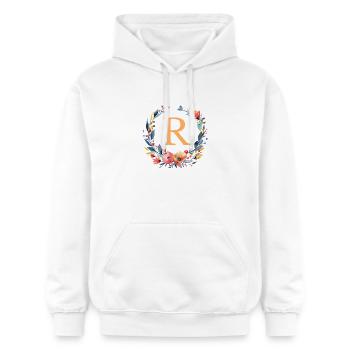 R Monogram, Couronne de fleurs, Personnalisable - Sweat à capuche Softstyle® Gildan Unisexe - blanc - Devant - Liana (172cm) & Jaron (178cm)
