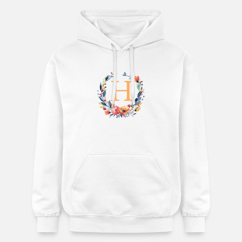 H Monogramme, Couronne de fleurs, Personnalisable - Sweat à capuche Softstyle® Gildan Unisexe - blanc