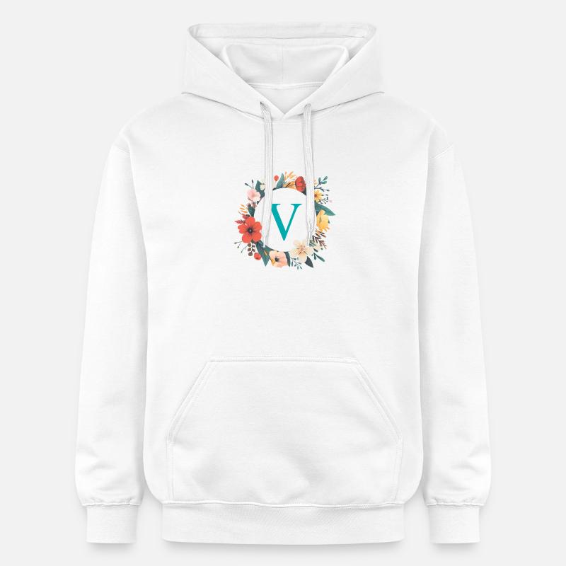 V Monogram, Couronne de fleurs, Personnalisable - Sweat à capuche Softstyle® Gildan Unisexe - blanc
