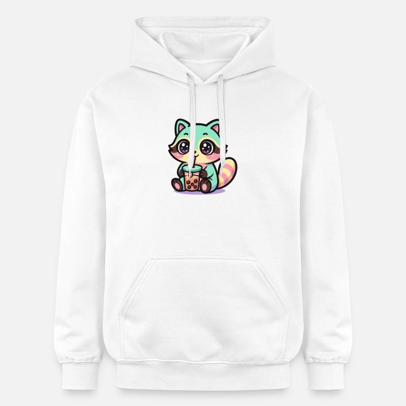 Kawaii Raccoon Drinking Boba Tea  - Sweat à capuche Softstyle® Gildan Unisexe - blanc