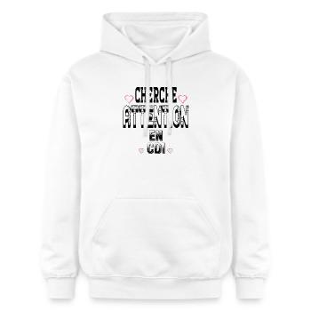 Suchen Sie Aufmerksamkeit für einen unbefristeten Vertrag - Gildan Unisex Softstyle® Midweight Hoodie - Weiß - Vorne - Liana (172cm) & Jaron (178cm)