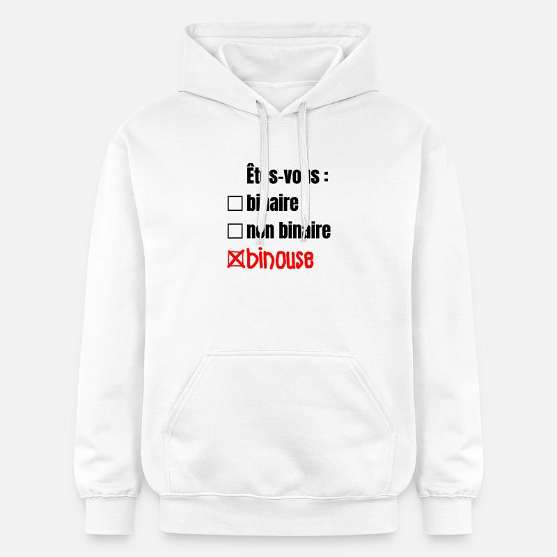 ÊTES-VOUS BINAIRE, NON BINAIRE, BINOUSE ! - Sweat à capuche Softstyle® Gildan Unisexe - blanc