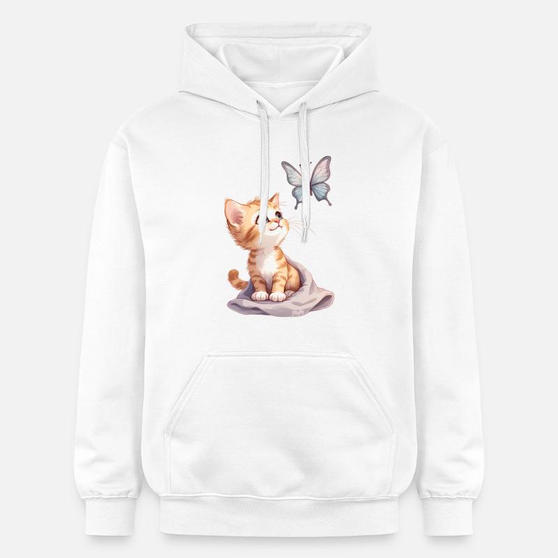 Kawaii Curious Chatten et Papillon 🐱🦋 - Sweat à capuche Softstyle® Gildan Unisexe - blanc