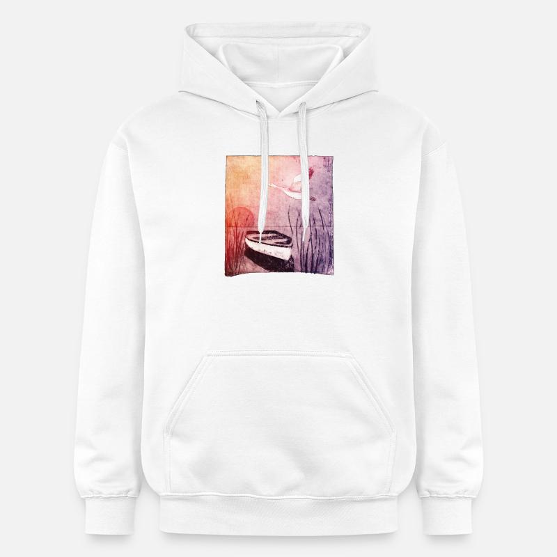 Boot am See - handgeschnitzte Druckvorlage - Gildan Unisex Softstyle® Midweight Hoodie - Weiß
