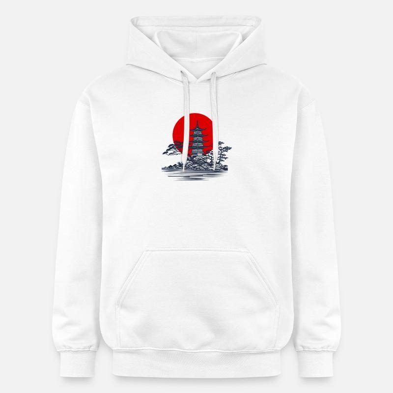 Pagode Silhouette mit roter Sonne Szene - Gildan Unisex Softstyle® Midweight Hoodie - Weiß