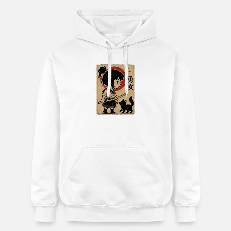 Fille courageuse avec katana et chat - Sweat à capuche Softstyle® Gildan Unisexe - blanc