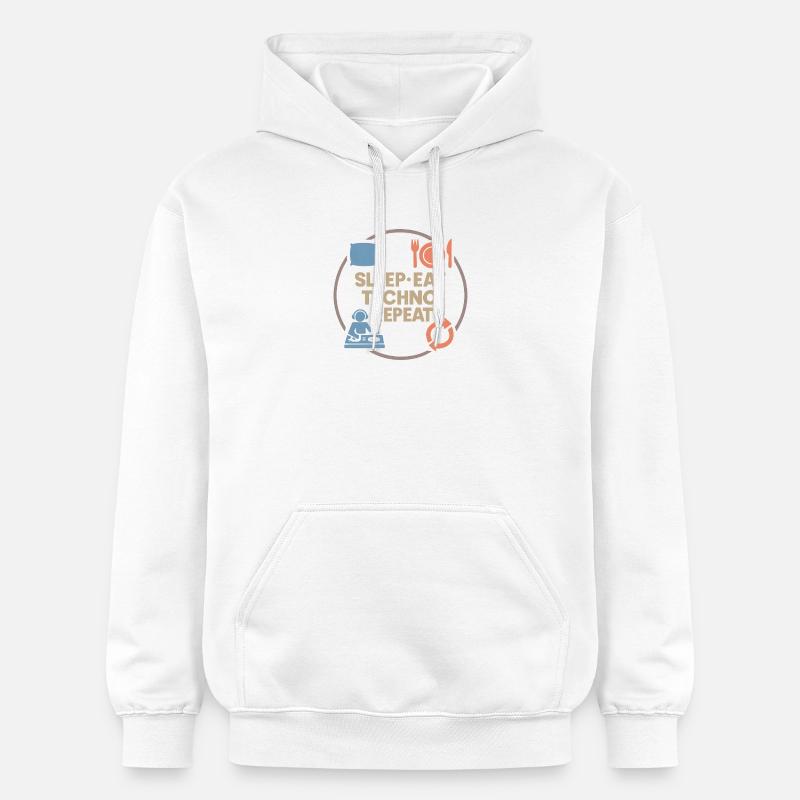 Humour techno – Sommeil · Manger · Techno · Répéter - Sweat à capuche Softstyle® Gildan Unisexe - blanc