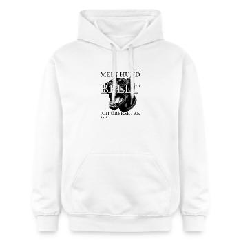 Mein Hund bellt Ich übersetze – Lustiges Outfit - Gildan Unisex Softstyle® Midweight Hoodie - Weiß - Vorne - Liana (172cm) & Jaron (178cm)