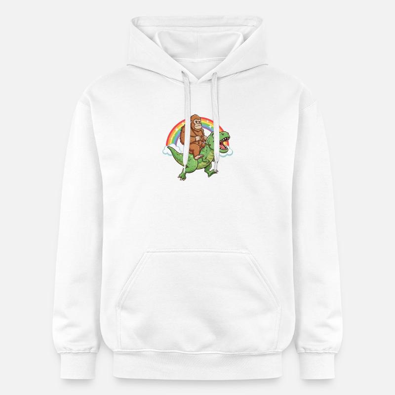 Bigfoot chevauchant un T-Rex Dinosaur Rainbow - Sweat à capuche Softstyle® Gildan Unisexe - blanc