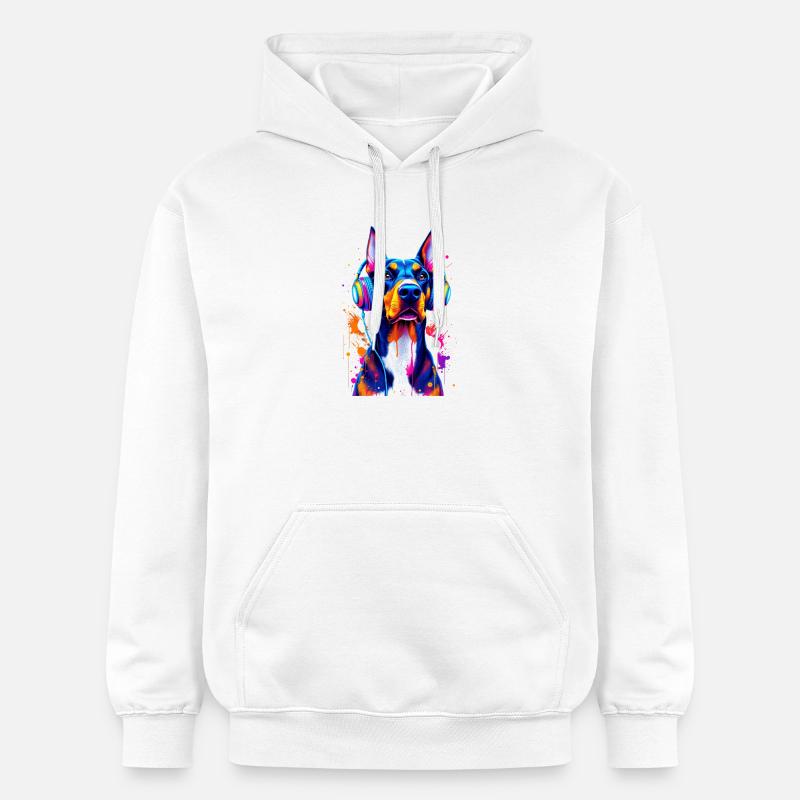 Doberman avec casque - Sweat à capuche Softstyle® Gildan Unisexe - blanc