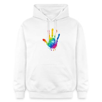 Motif aquarelle colorée à empreintes de main - Sweat à capuche Softstyle® Gildan Unisexe - blanc - Devant - Liana (172cm) & Jaron (178cm)