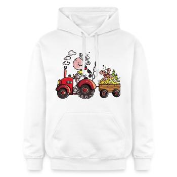 Vache conduisant un tracteur - Agriculteur - Sweat à capuche Softstyle® Gildan Unisexe - blanc - Devant - Liana (172cm) & Jaron (178cm)
