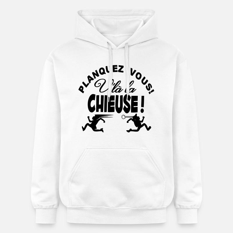La Chieuse arrive planquez vous! - Sweat à capuche Softstyle® Gildan Unisexe - blanc