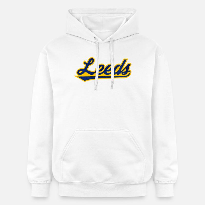 Leeds Script Logo Blau Gelb - Gildan Unisex Softstyle® Midweight Hoodie - Weiß