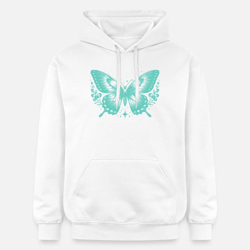 Papillon Turquoise et Fleurs - Sweat à capuche Softstyle® Gildan Unisexe - blanc