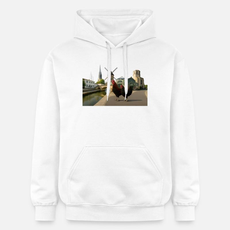 Marans, Coqs citadins au moulin - Sweat à capuche Softstyle® Gildan Unisexe - blanc