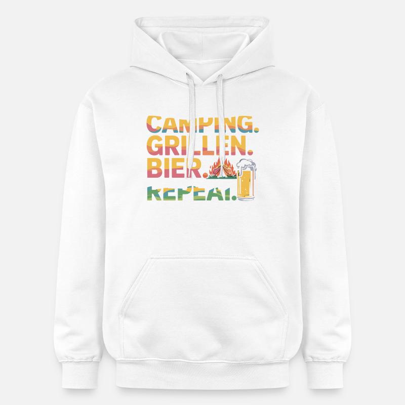 Camping. Griller. Bière. Répéter. - Sweat à capuche Softstyle® Gildan Unisexe - blanc