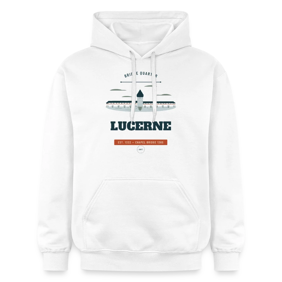 Lucerne badge on a gildan unisex softstyle® midweight hoodie, white