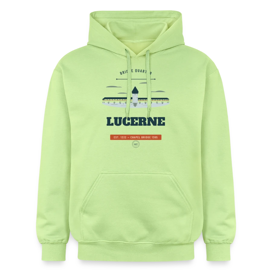 Lucerne badge on a gildan unisex softstyle® midweight hoodie, pistachio