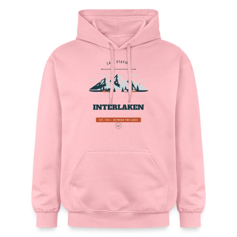 Interlaken badge on a gildan unisex softstyle® midweight hoodie, light pink
