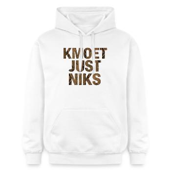 Kamoet just nothing, Dialecte anversois Chemises - Sweat à capuche Softstyle® Gildan Unisexe - blanc - Devant - Liana (172cm) & Jaron (178cm)