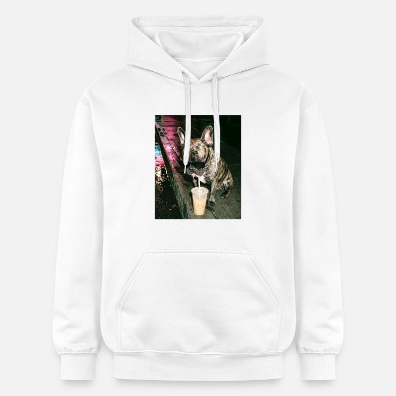 Bouledogue français buvant du café glacé - Sweat à capuche Softstyle® Gildan Unisexe - blanc