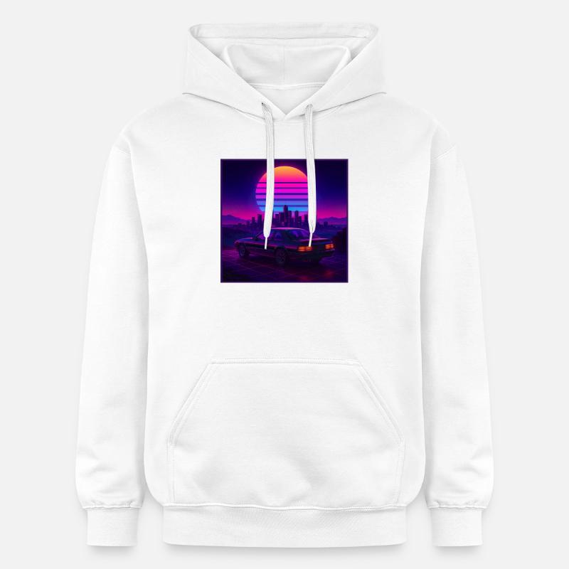 Neon Outrun Sunset Car – Synthwave rétro - Sweat à capuche Softstyle® Gildan Unisexe - blanc