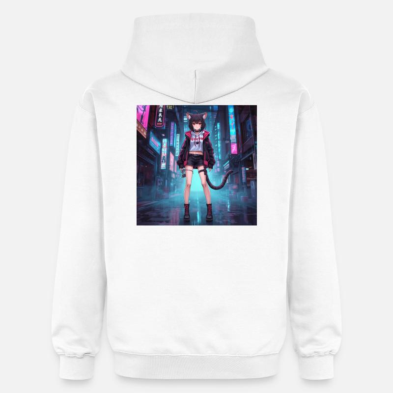 Chat néon dans le quartier cyber - Sweat à capuche Softstyle® Gildan Unisexe - blanc