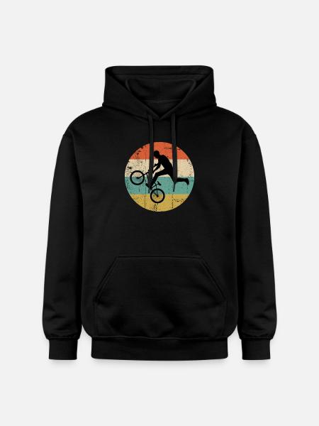 BMX Stunt Silhouette on Retro Stripes - Gildan Unisex Softstyle® Midweight Hoodie - black