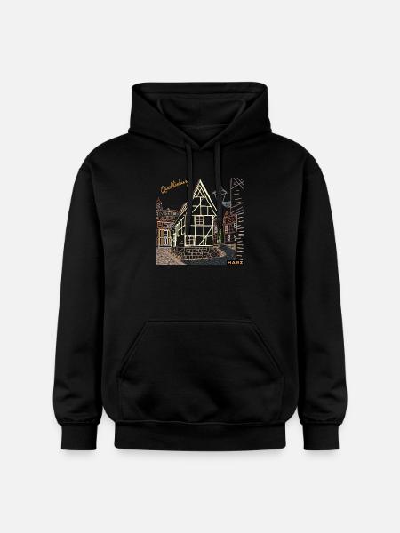 Quedlinburg line drawing, Harz, Germany - Gildan Unisex Softstyle® Midweight Hoodie - black