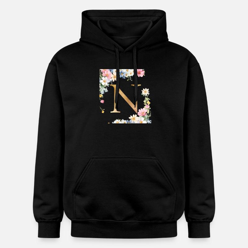 N Monogramme, Floral, Personnalisable - Sweat à capuche Softstyle® Gildan Unisexe - noir