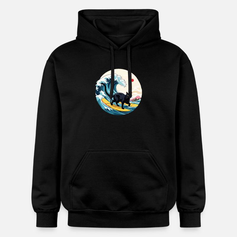 Black Cat Surfing Wave - Sweat à capuche Softstyle® Gildan Unisexe - noir