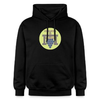20506_Winzer, Weinbauer Grapepresse Vintage   - Gildan Unisex Softstyle® Midweight Hoodie - Schwarz - Vorne - Marisol (170cm) & Nik (191cm)