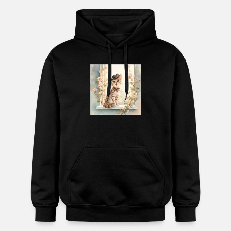 Whimsical Cat on Windowsill - Gildan Unisex Softstyle® Midweight Hoodie - black