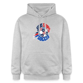 USA Soccer Fan 2026, Stars and Stripes Soccer Ball - Gildan Unisex Softstyle® Midweight Hoodie - Hellgrau meliert - Vorne - Liana (172cm) & Jaron (178cm)