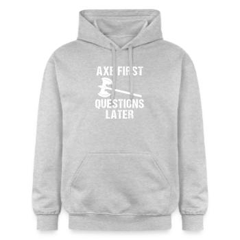 Mythologie viking Valhalla guerrier hache dictons - Sweat à capuche Softstyle® Gildan Unisexe - gris clair chiné - Devant - Liana (172cm) & Jaron (178cm)