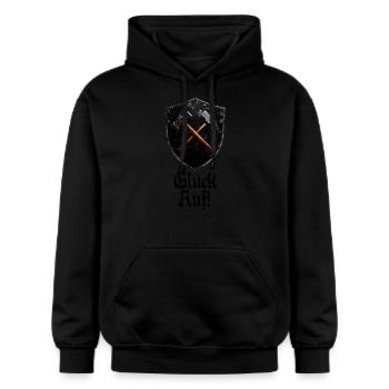Glück auf Logo Bergbau Bergmann Schlägel und Eisen - Gildan Unisex Softstyle® Midweight Hoodie - Schwarz - Vorne - Marisol (170cm) & Nik (191cm)