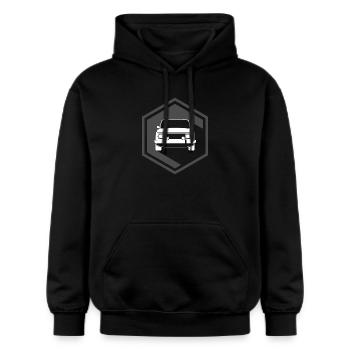 wartburg Warti Illustration Ost Osten DDR Symbol - Gildan Unisex Softstyle® Midweight Hoodie - Schwarz - Vorne - Marisol (170cm) & Nik (191cm)