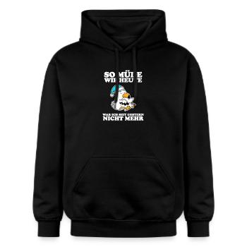 Müde Spruch lustig mit Möwe Motiv - Gildan Unisex Softstyle® Midweight Hoodie - Schwarz - Vorne - Marisol (170cm) & Nik (191cm)