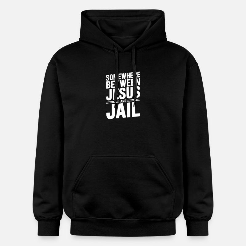 Somewhere Between Jesus and Jail - Gildan Unisex Softstyle® Midweight Hoodie - black