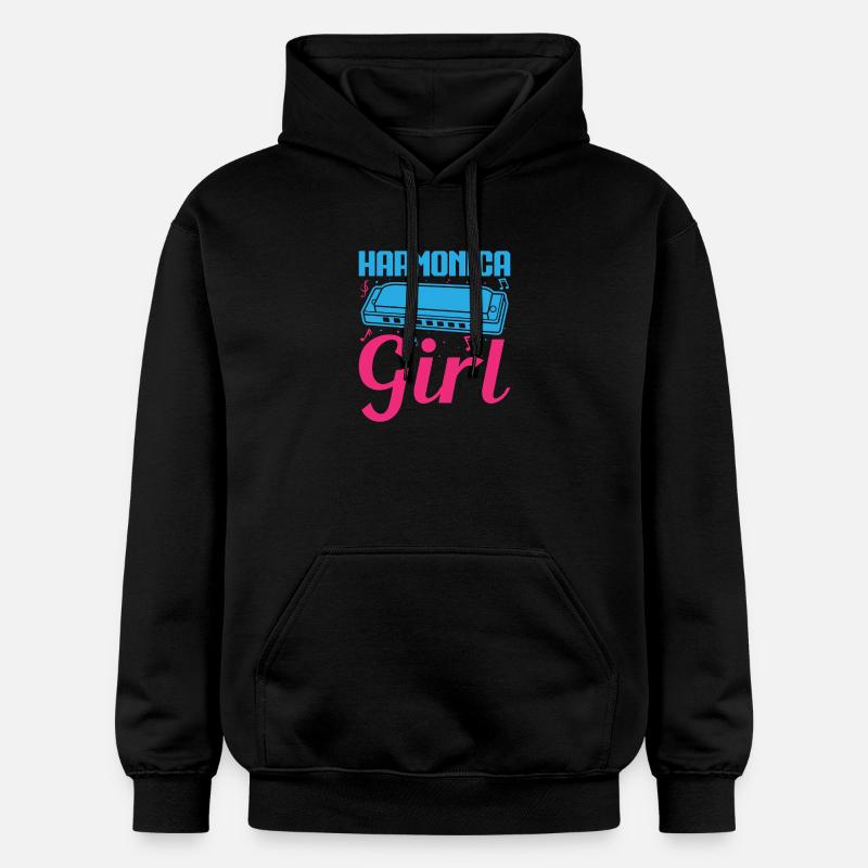 Funny Harmonica Player Girl Harmonica - Gildan Unisex Softstyle® Midweight Hoodie - black