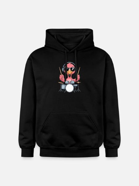 Flamingo Drummer With Headphones - Gildan Unisex Softstyle® Midweight Hoodie - black