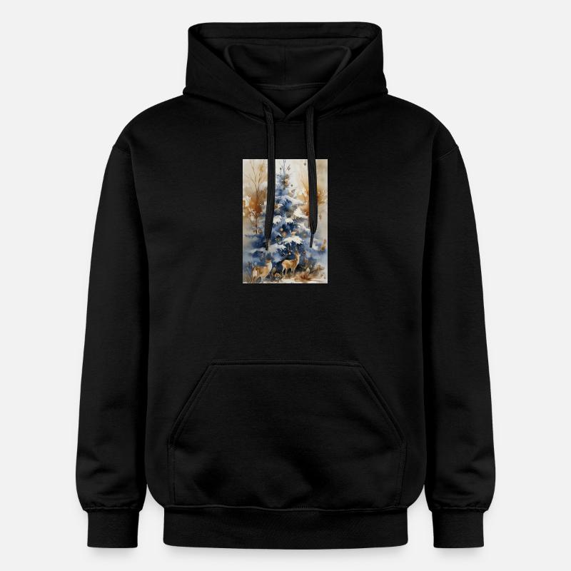 Blauer Weihnachtsbaum und Hirsch - Gildan Unisex Softstyle® Midweight Hoodie - Schwarz