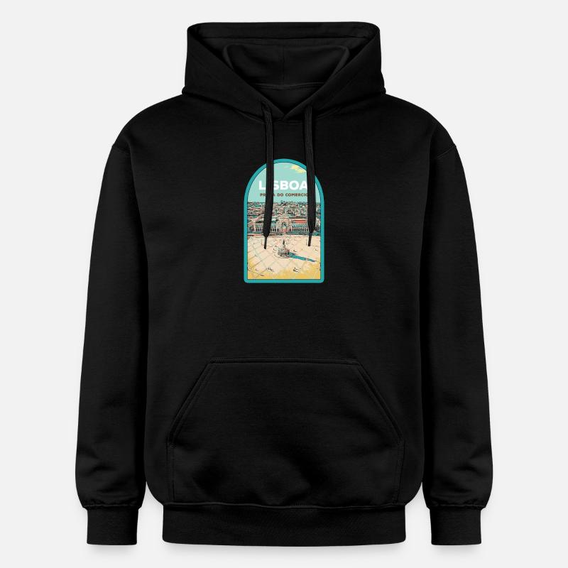 Illustration Place du Commerce, Lisbonne - Sweat à capuche Softstyle® Gildan Unisexe - noir