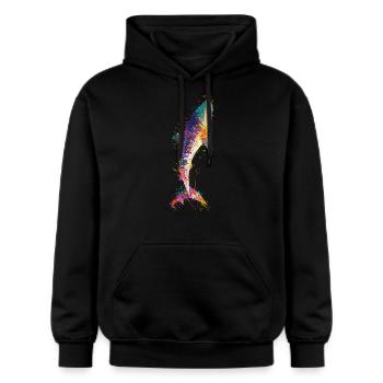 Lebendiges farbenfrohes künstlerisches Hai-Design - Gildan Unisex Softstyle® Midweight Hoodie - Schwarz - Vorne - Marisol (170cm) & Nik (191cm)
