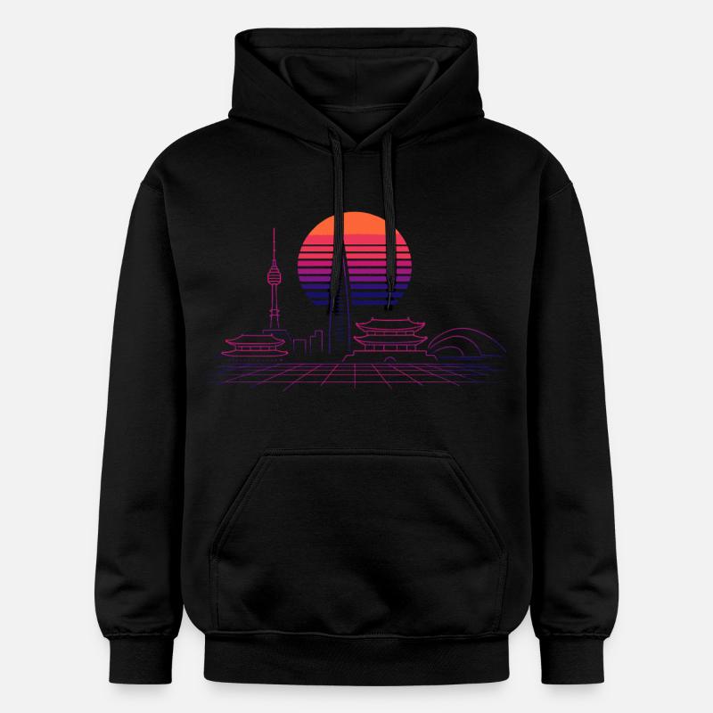 Sunset Skyline Neon Asia Séoul - Sweat à capuche Softstyle® Gildan Unisexe - noir