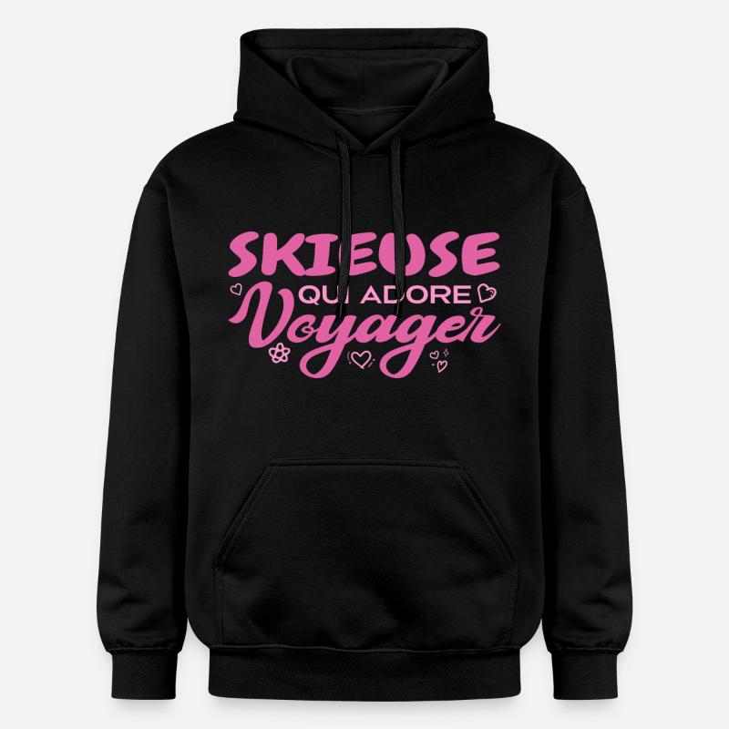 Skieuse globe-trotteuse passionnée de voyages - Sweat à capuche Softstyle® Gildan Unisexe - noir