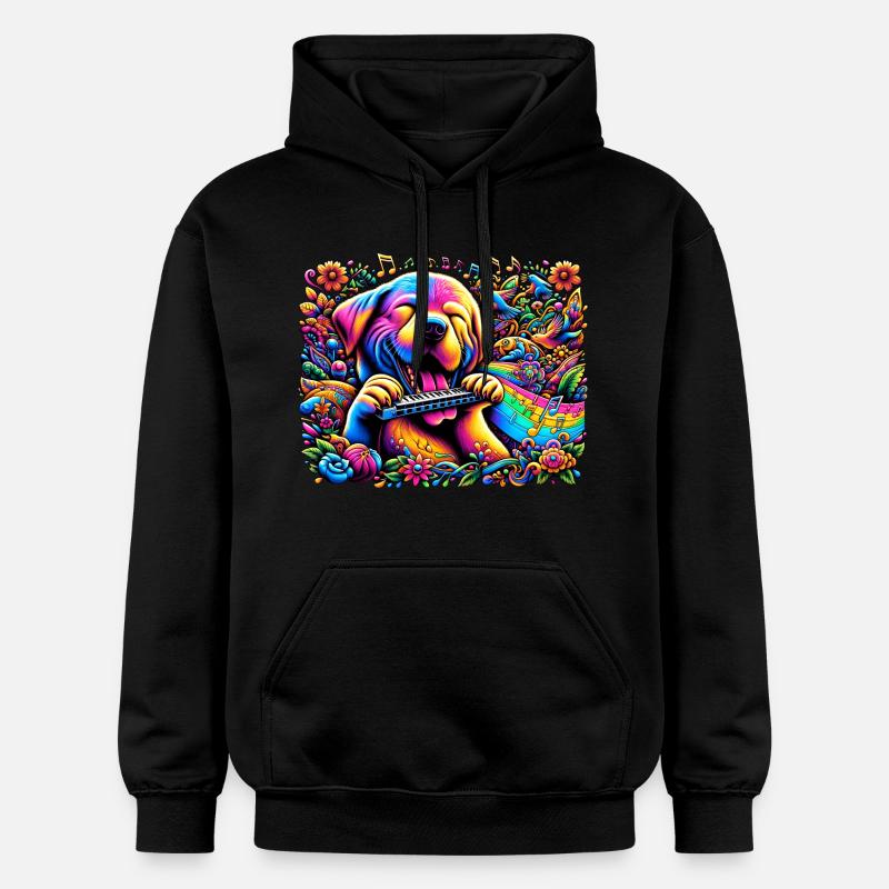 Chien d’harmonie : Vibrations d’harmonica - Sweat à capuche Softstyle® Gildan Unisexe - noir