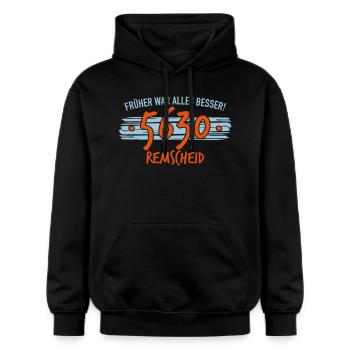Früher 5630 Remscheid - Gildan Unisex Softstyle® Midweight Hoodie - Schwarz - Vorne - Marisol (170cm) & Nik (191cm)