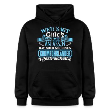 KROMFOHRLÄNDER - Glück zum anfassen - Gildan Unisex Softstyle® Midweight Hoodie - Schwarz - Vorne - Marisol (170cm) & Nik (191cm)